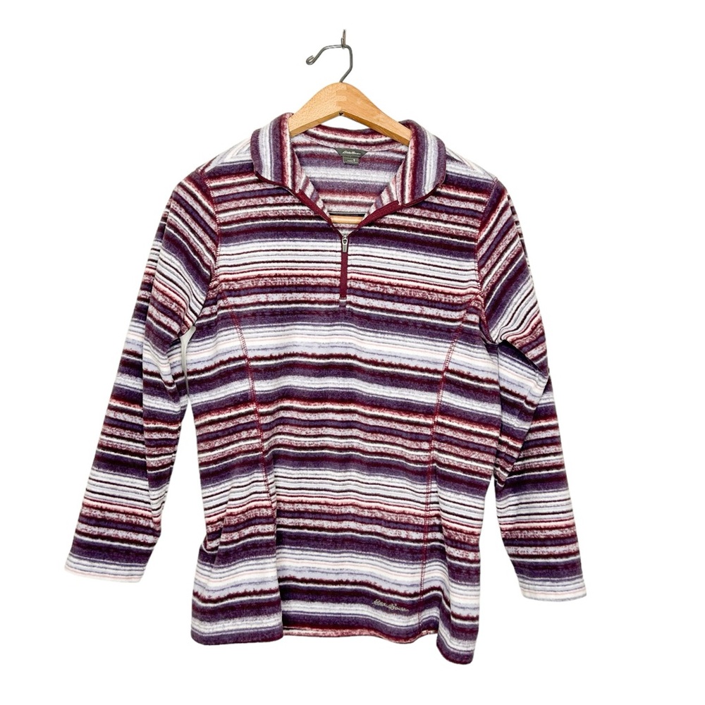 Eddie Bauer‎ Womens Purple Striped Fleece 1/4 Zip Pullover Sweatshirt Jacket S